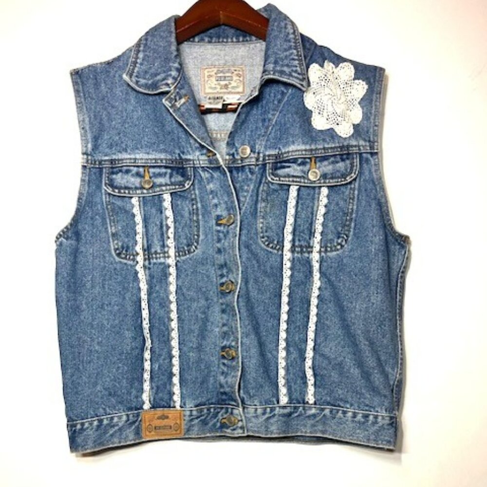 PS Gitano Beige Floral Crochet Full Button Funky‎ Blue Jean Western Vest Sz L